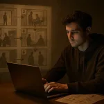 Ученик с проекцией раскадровки на стене