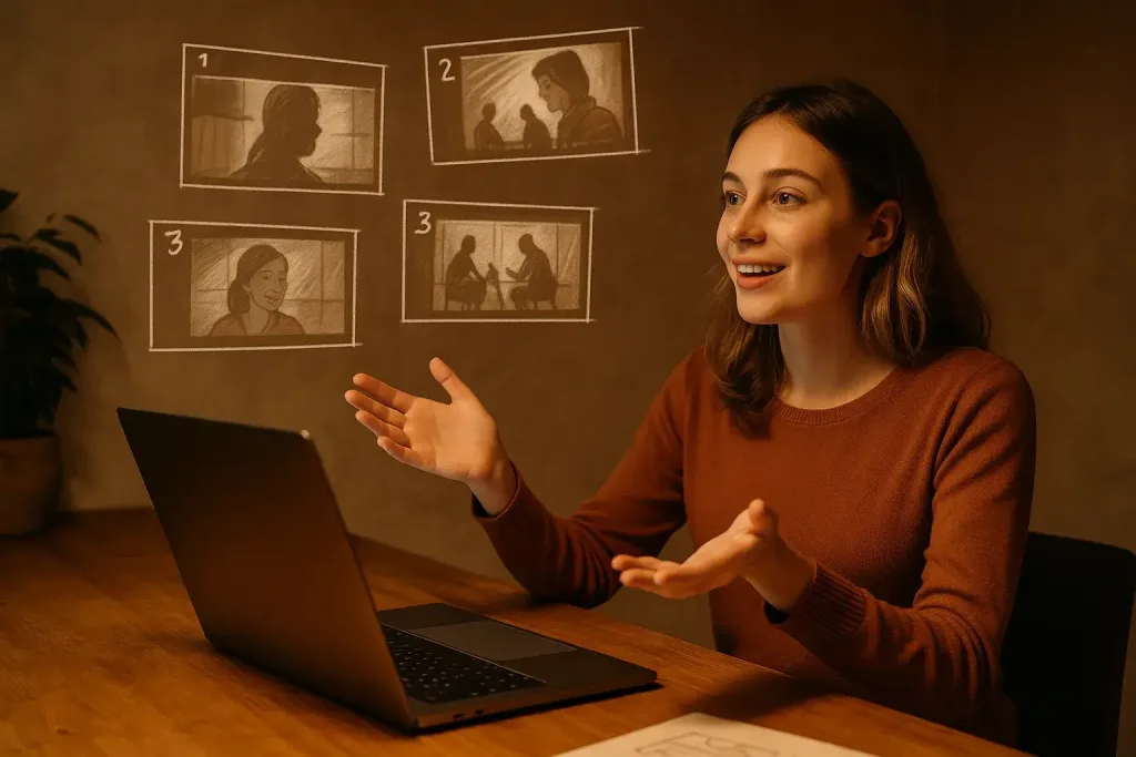 Девушка показывает презентацию с визуализацией кадров в воздухе