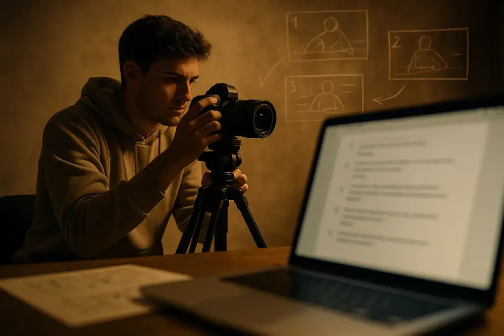 Парень с камерой, на фоне открыт сценарий на ноутбуке