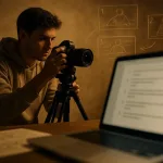 Парень с камерой, на фоне открыт сценарий на ноутбуке