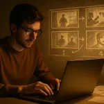 Ученик с ноутбуком и проекцией раскадровки на стене