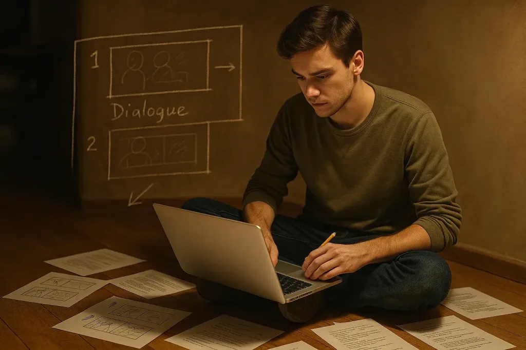 Мужчина с ноутбуком на полу среди листов со сценарием