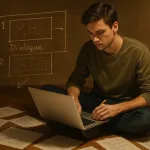 Мужчина с ноутбуком на полу среди листов со сценарием