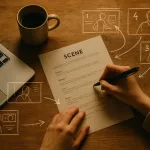 Вид сверху на стол с ноутбуком, кофе и сценарием